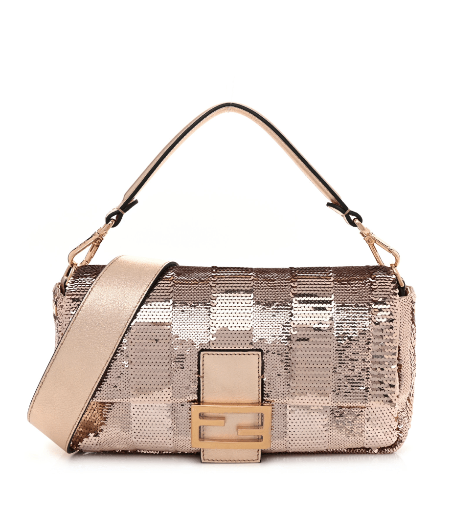 fendi baguette bag sequin gold pink tan beige shimmer