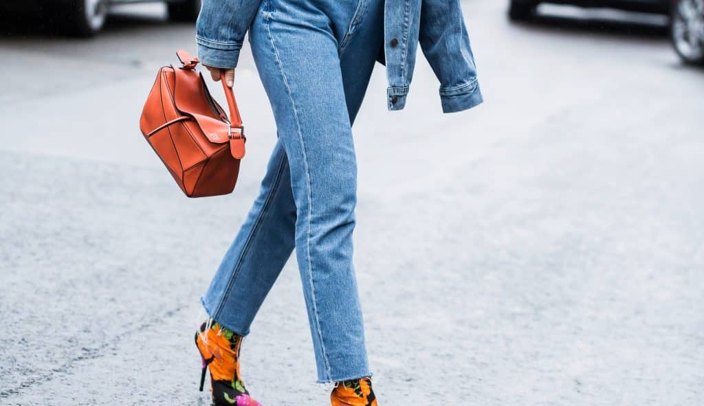 loewe puzzle bag in tan in brow denim outfit canadian tuxedo